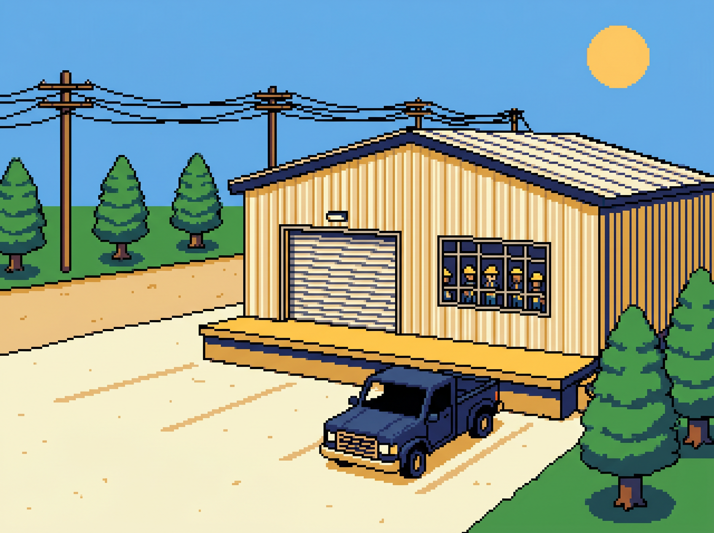 Pixel art de um galpão industrial brasileiro simples na entrada de uma cidade pequena, com caminhonete e trabalhadores