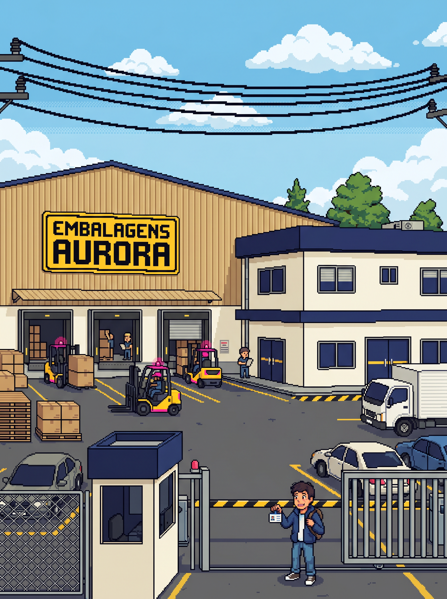 Pixel art da fábrica Embalagens Aurora: galpão industrial com docas de carga, empilhadeiras, caminhão, escritório de dois andares e um jovem com mochila na entrada da guarita.