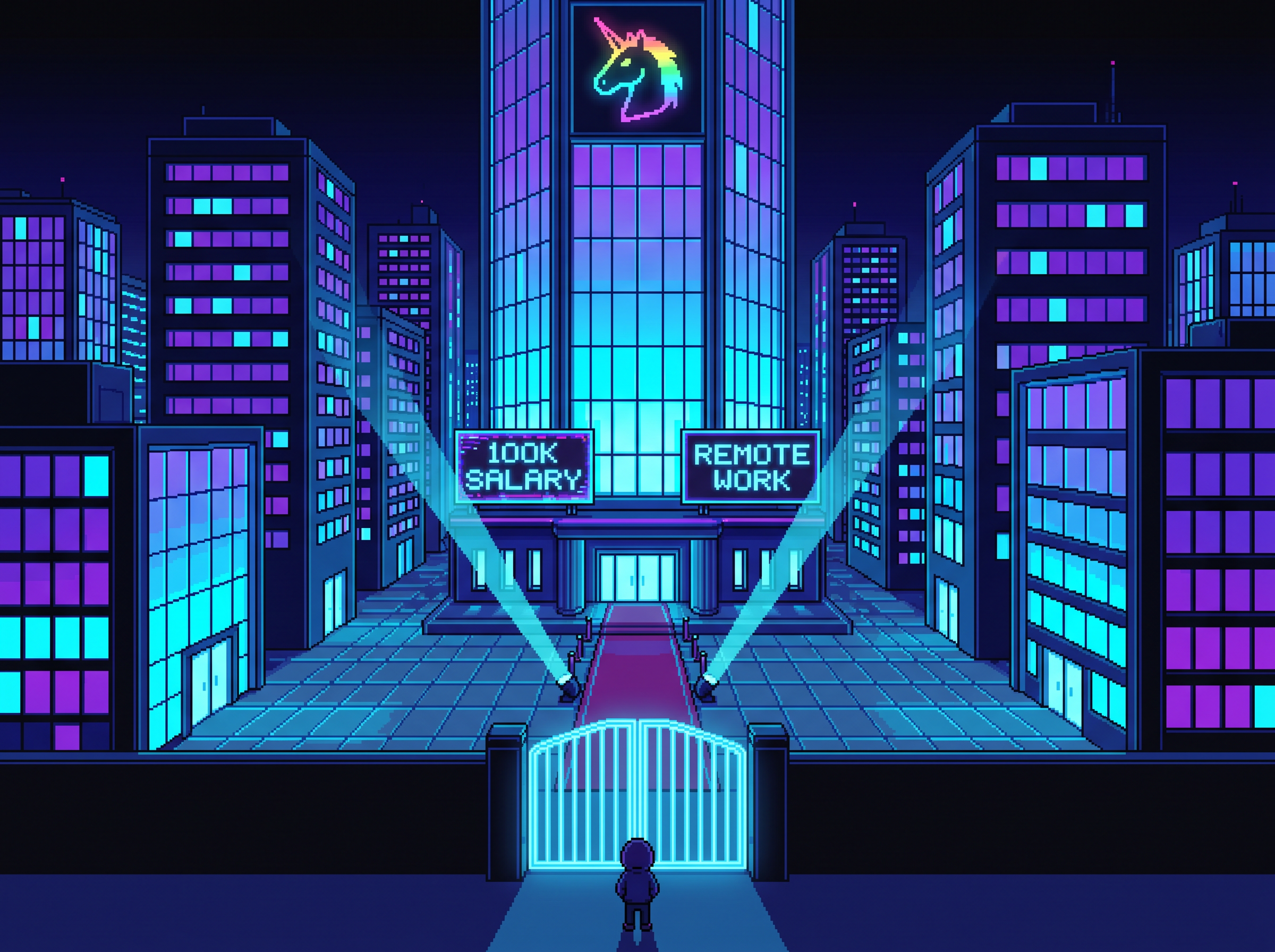 Pixel art de um campus de tecnologia neon estilo Vale do Silício, com unicórnio brilhante e letreiros de 100K SALARY