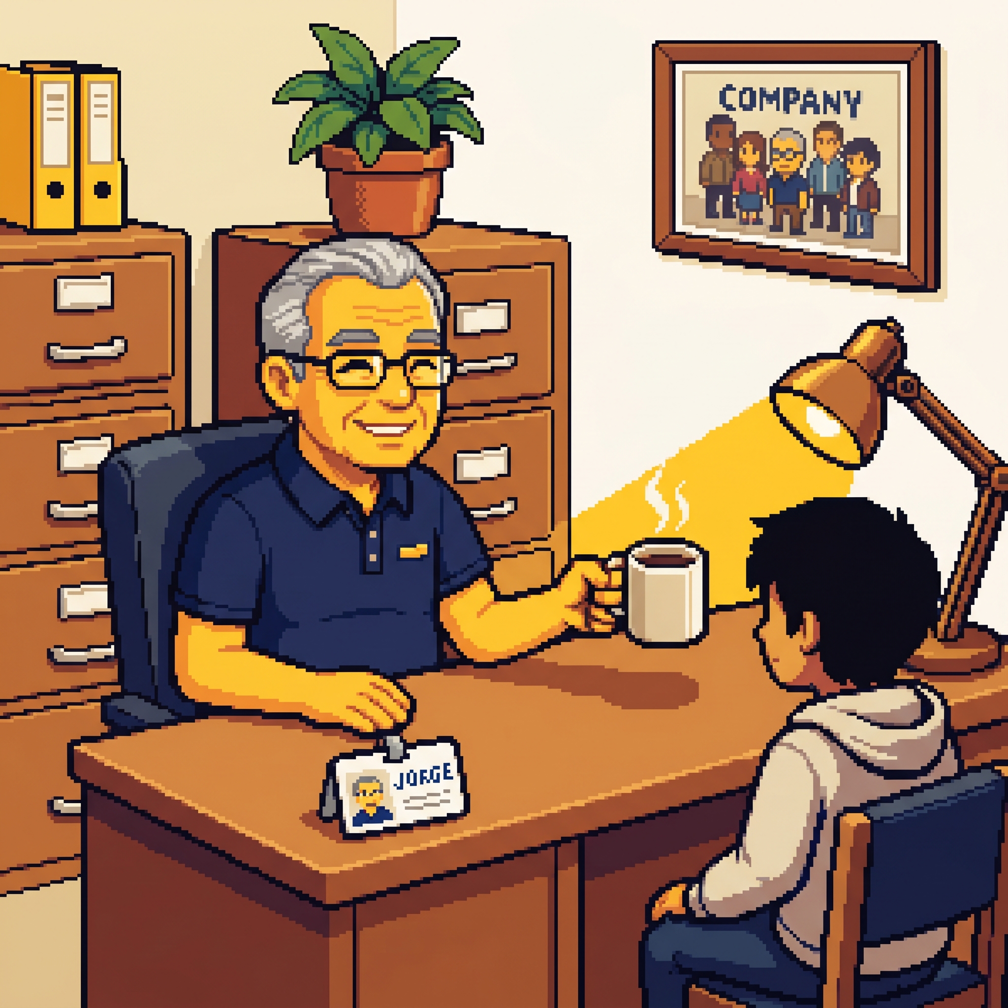 Jorge do RH oferecendo café ao novo estagiário