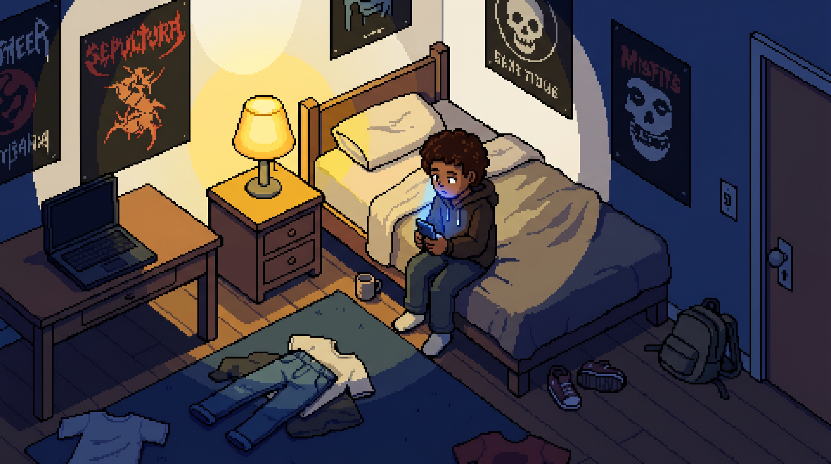 Pixel art de um jovem sentado na cama do quarto, olhando o celular no escuro