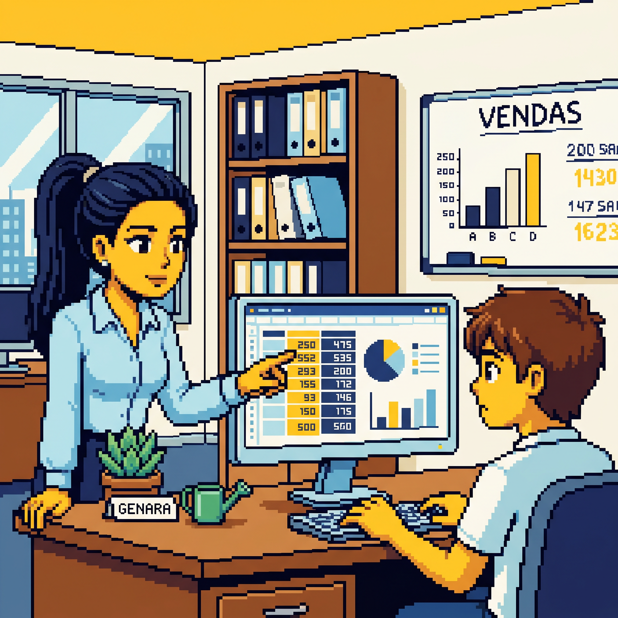 Marisa apontando planilha de vendas pro estagiário