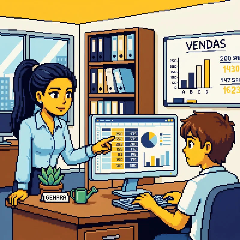 Marisa apontando planilha de vendas pro estagiário