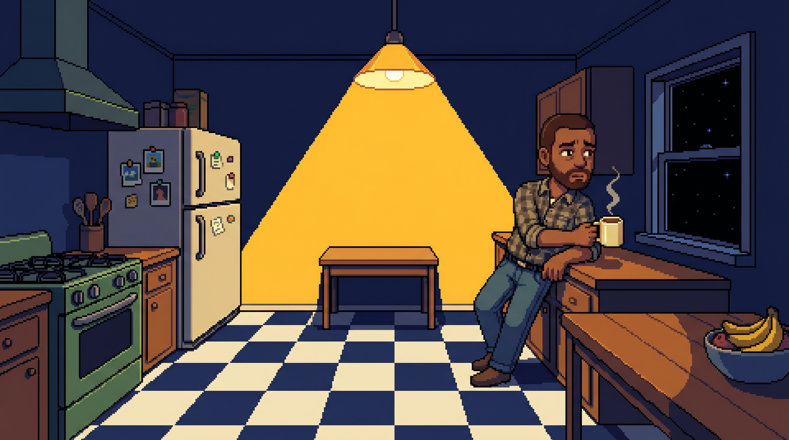 Pixel art de pai/mãe sozinho na cozinha à noite, pensativo com uma caneca de café