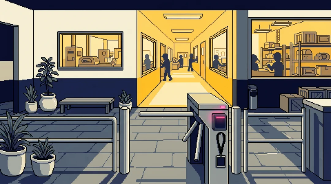 Pixel art da recepção de uma empresa, catraca com leitor de crachá e o corredor iluminado do outro lado